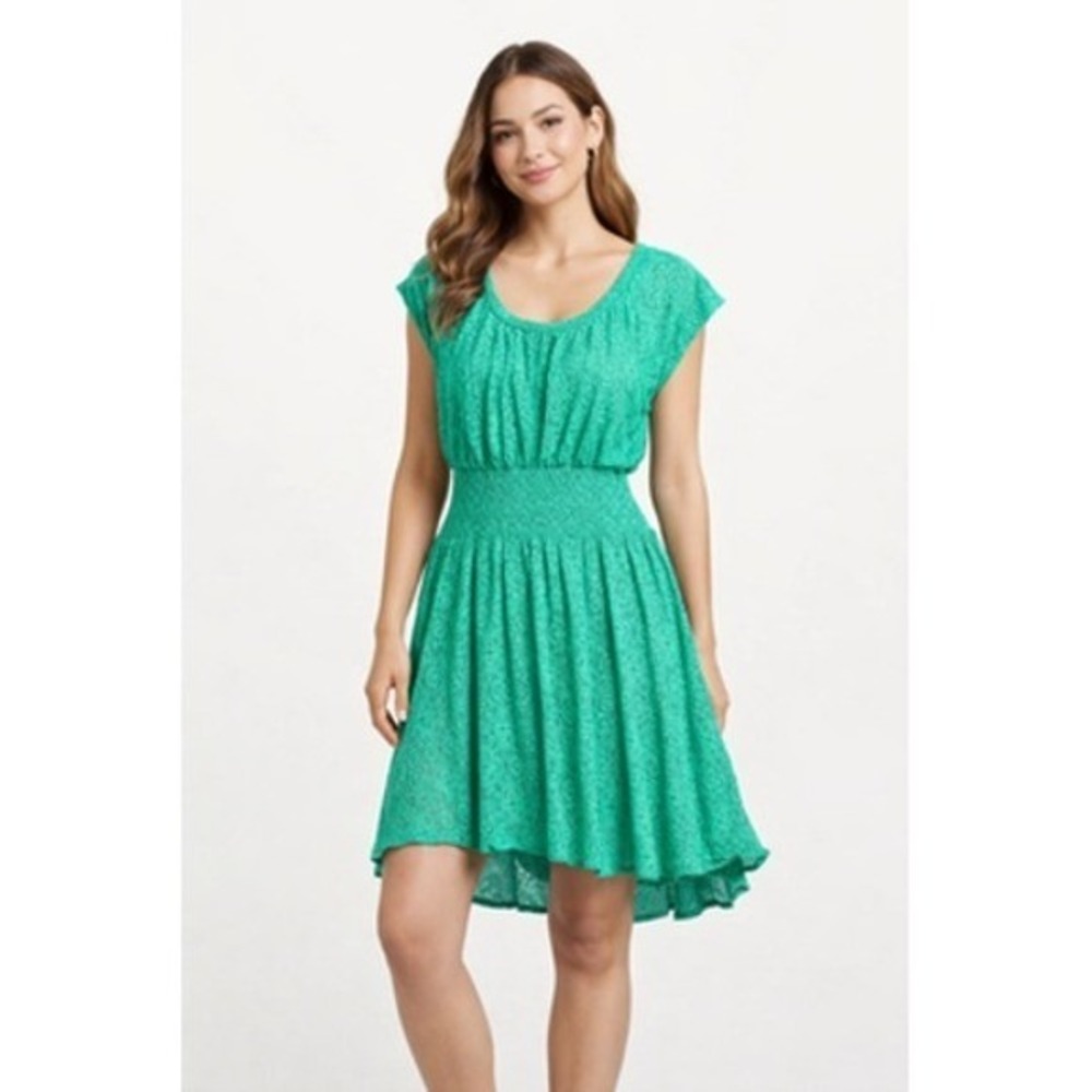 Anthropologie LeifNotes Green Floral Lace Fit Flare Smocked Hi Low Dress Large